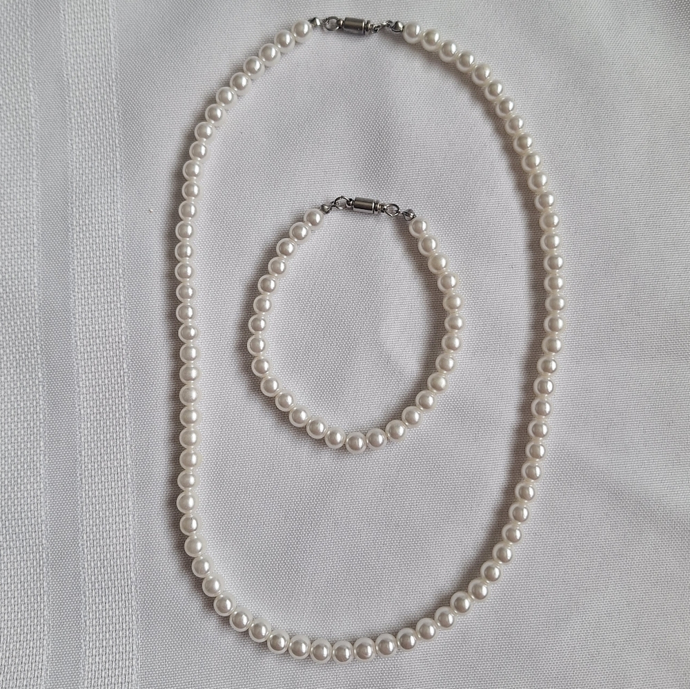 2-pc Set Faux Pearl Necklace & Bracelet Duo White Beaded Bride Wedding Beads